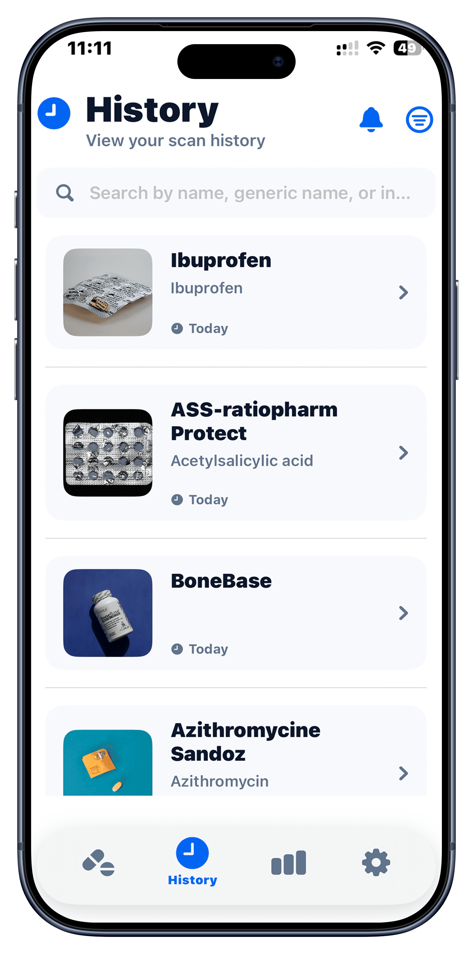 History screen of the AI Pill ID app