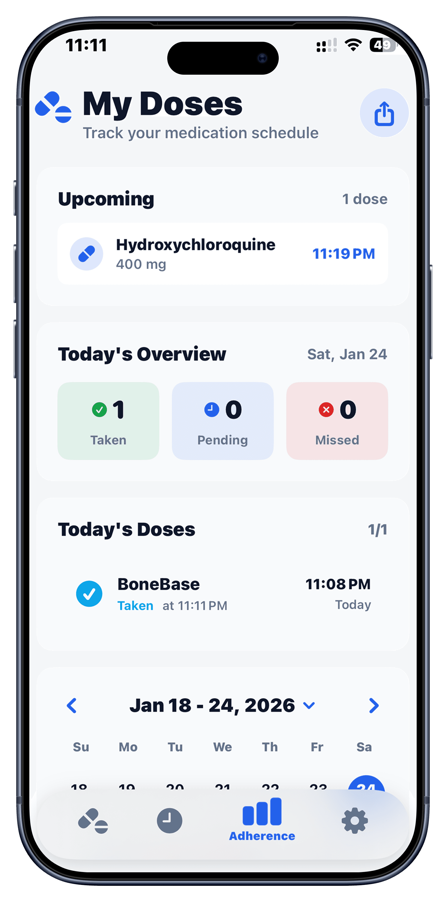 Adherence screen of the AI Pill ID app